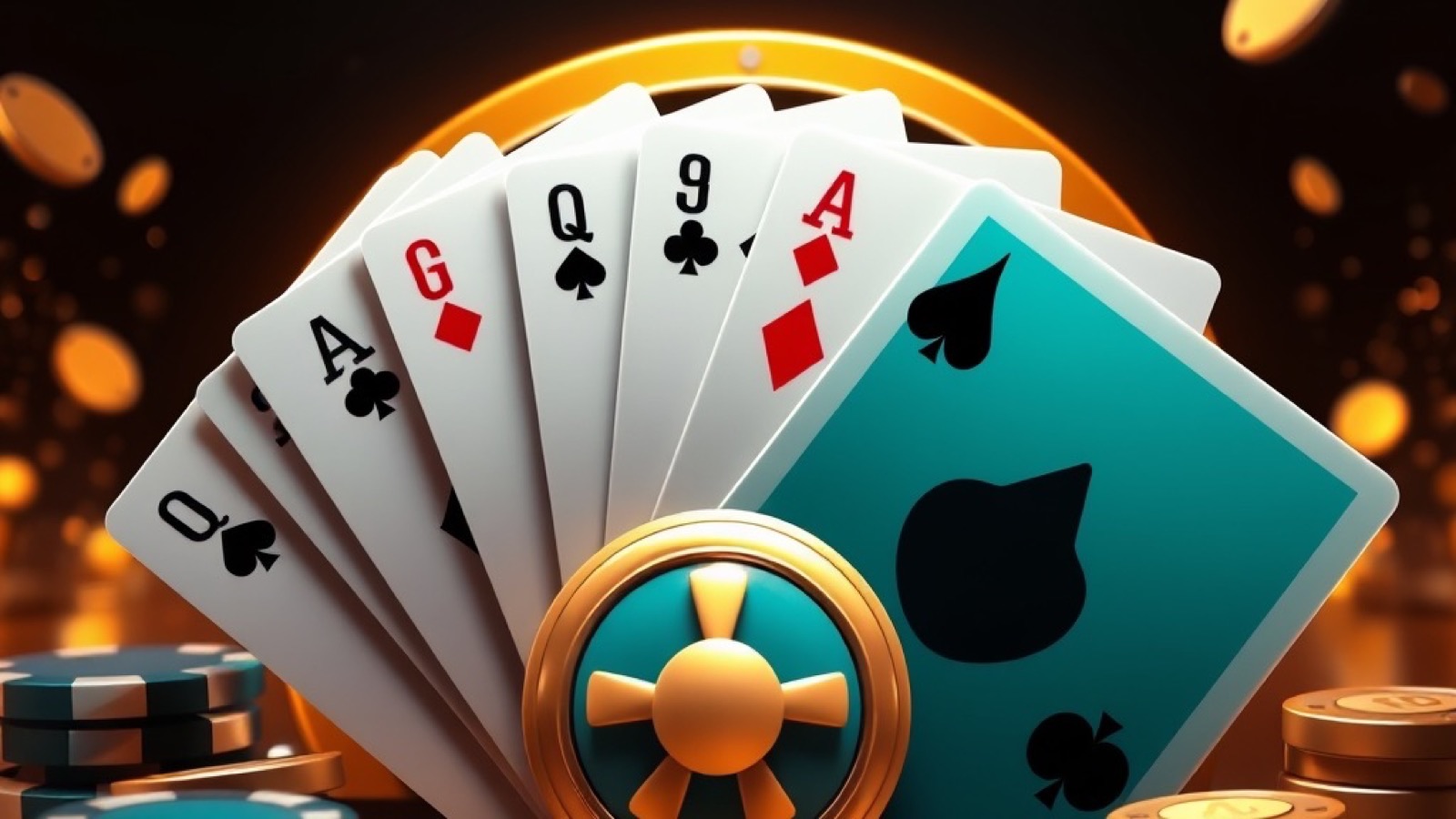 Diwa Wow home hero with a rummy card fan, slot reel and gold coins on a dark table